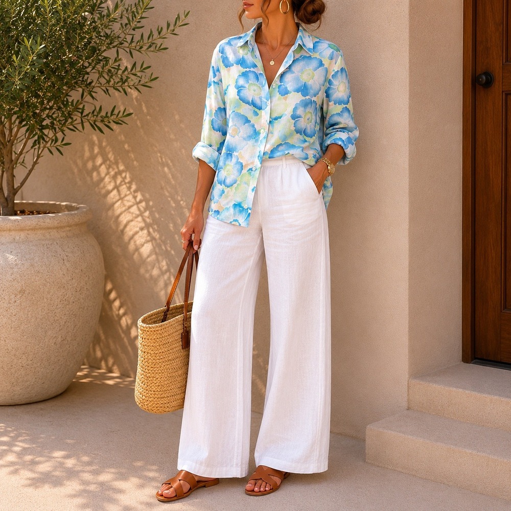 Vtg Liz Claiborne Woman 1X 100% Linen Floral Shirt Blue Green Coastal Resortwear
